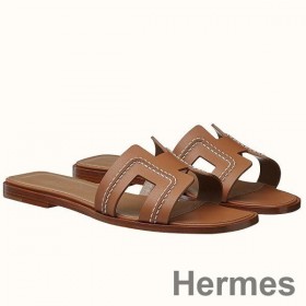 Hermes Oran Sandals In Brown Leather With Stitched Detail