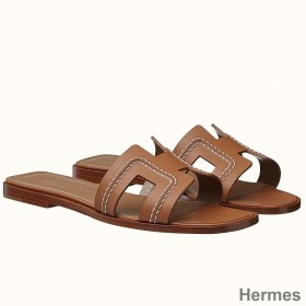 Hermes Oran Sandals In Brown Leather With Stitched Detail