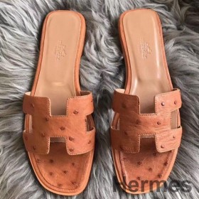 Hermes Oran Sandals In Brown Ostrich Leather
