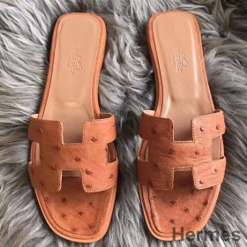 Hermes Oran Sandals In Brown Ostrich Leather