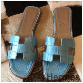 Hermes Oran Sandals In Celeste Shiny Niloticus Crocodile