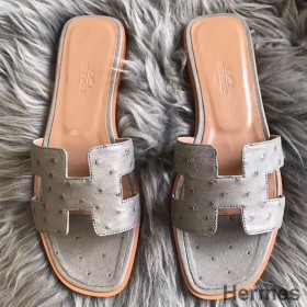 Hermes Oran Sandals In Grey Ostrich Leather