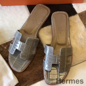 Hermes Oran Sandals In Grey Shiny Niloticus Crocodile
