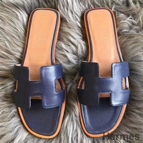 Hermes Oran Sandals In Navy Swift Leather