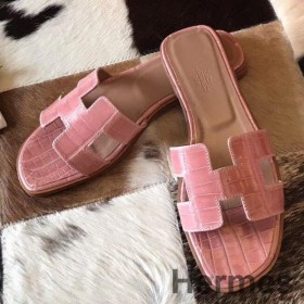 Hermes Oran Sandals In Pink Shiny Niloticus Crocodile