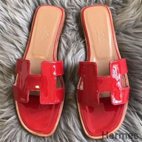 Hermes Oran Sandals In Red Patent Leather