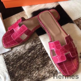 Hermes Oran Sandals In Rose Scheherazade Shiny Niloticus Crocodile
