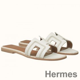Hermes Oran Sandals In White Leather With Stitched Detail