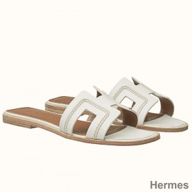 Hermes Oran Sandals In White Leather With Stitched Detail