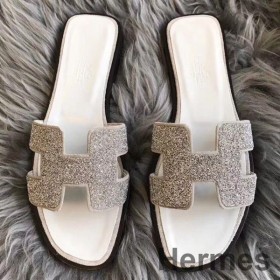 Hermes Oran Sandals In White Suede With Crystal