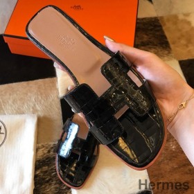 Hermes Oran Slide Sandals In Black Shiny Niloticus Crocodile Skin