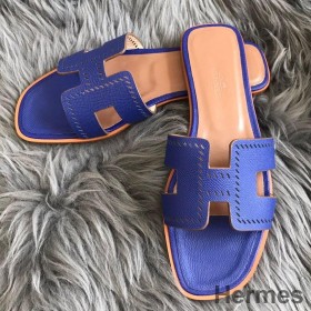 Hermes Oran Slide Sandals In Blue Epsom Perforated Calfskin