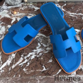 Hermes Oran Slide Sandals In Blue Hydra Epsom Calfskin