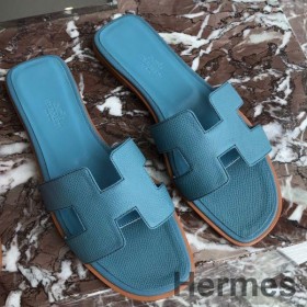Hermes Oran Slide Sandals In Blue du Nord Epsom Calfskin