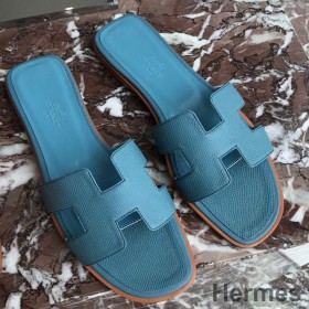 Hermes Oran Slide Sandals In Blue du Nord Epsom Calfskin