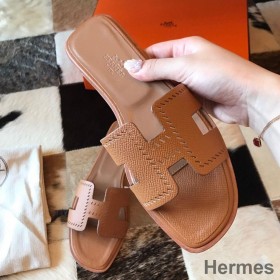 Hermes Oran Slide Sandals In Gold Epsom Perforated Calfskin