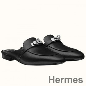 Hermes Oz Mules In Noir Calfskin