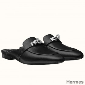 Hermes Oz Mules In Noir Calfskin