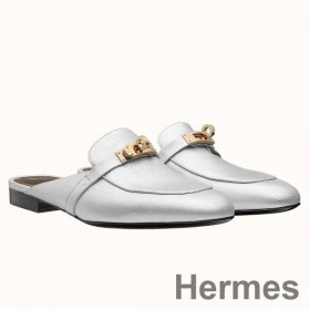 Hermes Oz Mules In Silver Metallic Calfskin