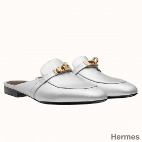 Hermes Oz Mules In Silver Metallic Calfskin