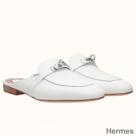 Hermes Oz Mules In White Calfskin
