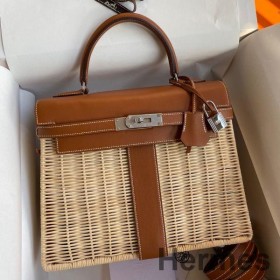 Hermes Picnic Kelly 28cm Bag in Wicker with Barenia Leather