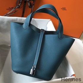 Hermes Picotin Lock 18 Bag In Blue Jean Clemence Leather
