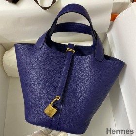 Hermes Picotin Lock 18 Handmade Bag in Blue Encre Clemence Leather