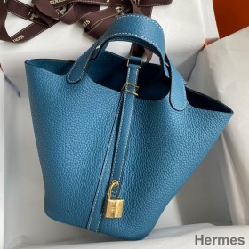 Hermes Picotin Lock 18 Handmade Bag in Blue Jean Clemence Leather