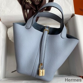 Hermes Picotin Lock 18 Handmade Bag in Blue Lin Clemence Leather