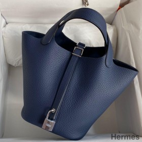 Hermes Picotin Lock 18 Handmade Bag in Blue Saphir Clemence Leather