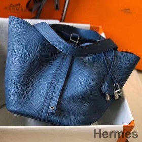 Hermes Picotin Lock 22 Bag In Blue Agate Clemence Leather