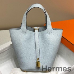 Hermes Picotin Lock 22 Bag In Blue Brume Clemence Leather