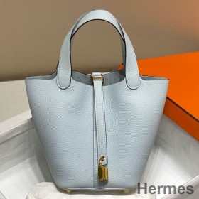 Hermes Picotin Lock 22 Bag In Blue Brume Clemence Leather