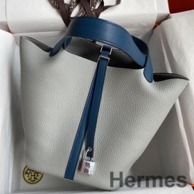 Hermes Picotin Lock 22 Bicolor Handmade Bag in Gris Mouette and Blue Agate Swift Leather