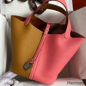 Hermes Picotin Lock 22 Bicolor Handmade Bag in Sesame and Rose Azalee Clemence Leather