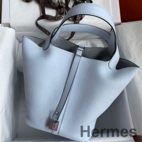 Hermes Picotin Lock 22 Handmade Bag in Blue Brume Clemence Leather