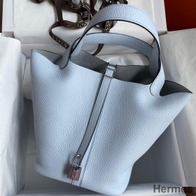 Hermes Picotin Lock 22 Handmade Bag in Blue Brume Clemence Leather