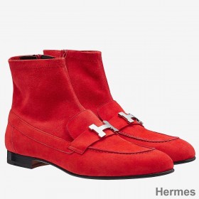 Hermes Red Suede Saint Honore Ankle Boots