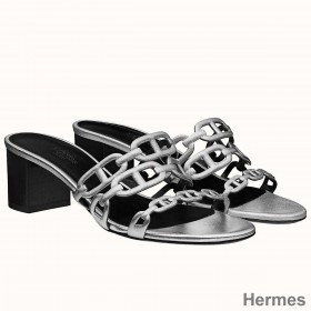Hermes Tandem Sandals In Silver Metallic Calfskin