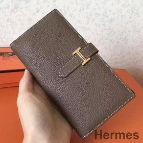 Hermes Taupe Clemence Bearn Gusset Wallet