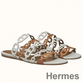 Hermes Thalassa Sandals In Brown/White Lambskin