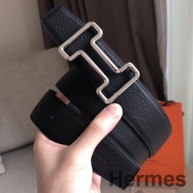 Hermes Tonight 38MM Reversible Belt In Black Clemence Leather