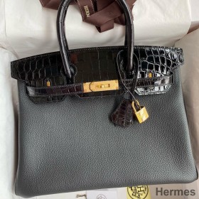 Hermes Touch Birkin 30 Bag In Black Clemence and Shiny Niloticus Crocodile Skin