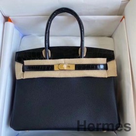 Hermes Touch Birkin 30 Bag In Black Shiny Niloticus Crocodile Skin