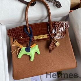 Hermes Touch Birkin 30 Bag In Gold Clemence and Shiny Niloticus Crocodile Skin