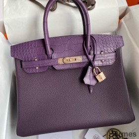 Hermes Touch Birkin 30 Bag in Raisin Clemence and Matte Alligator Leather