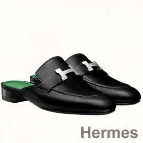 Hermes Trocadero Mules In Black Goatskin