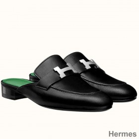 Hermes Trocadero Mules In Black Goatskin