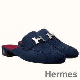 Hermes Trocadero Mules In Blue Suede